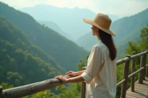 Femme en chapeau de paille admirant un panorama de vallée verdoyante depuis un belvédère en bois lors d'un voyage en montagne