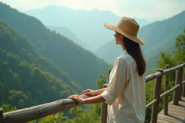 Femme en chapeau de paille admirant un panorama de vallée verdoyante depuis un belvédère en bois lors d'un voyage en montagne