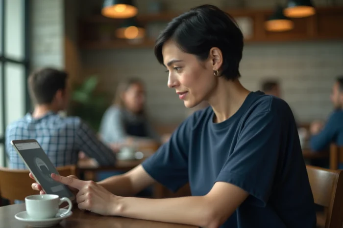 Femme consultant une tablette avec une interface VPN dans un café moderne