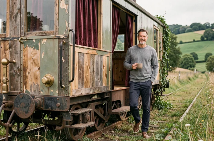Homme sortant d'un wagon de train vintage reconverti en hébergement insolite au milieu de la campagne française verdoyante