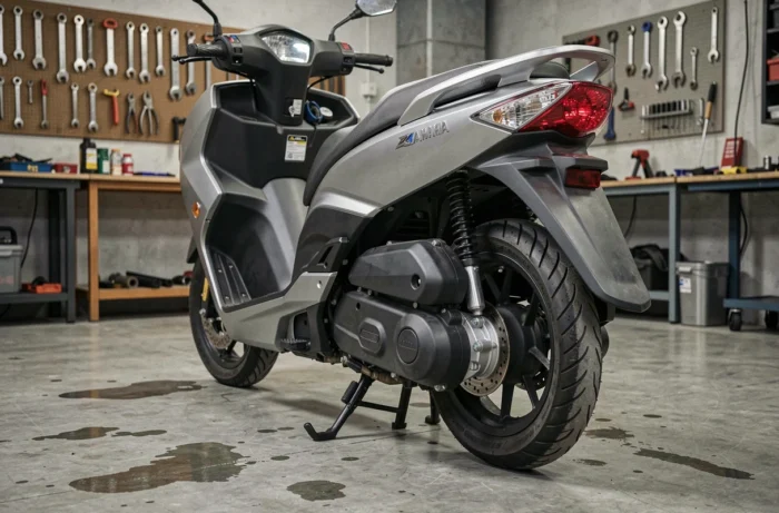Yamaha Xmax 125 en atelier vue de l'arrière en angle bas, détails échappement et roue arrière